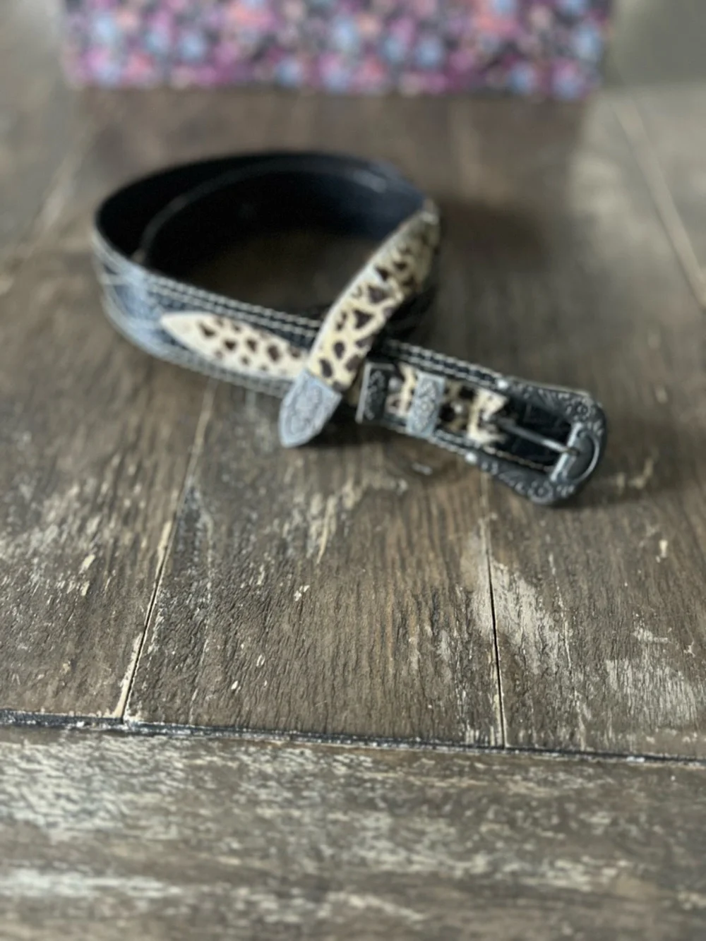 Aviator by Adelfio Vintage Belt Black Leather Faux Animal Print Made in Italy